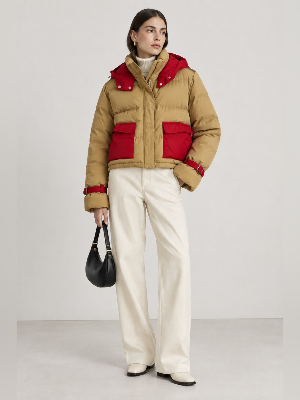 JW ANDERSON Medium Tan Brown and Red Cropped Puffer Jacket
